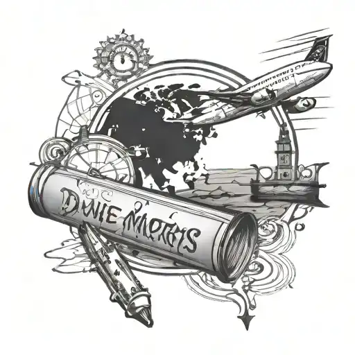 elongated travel tattoo, passport, map, cruise ship, compass, airplane with the saying Die with memories not dreams tattoo design idea