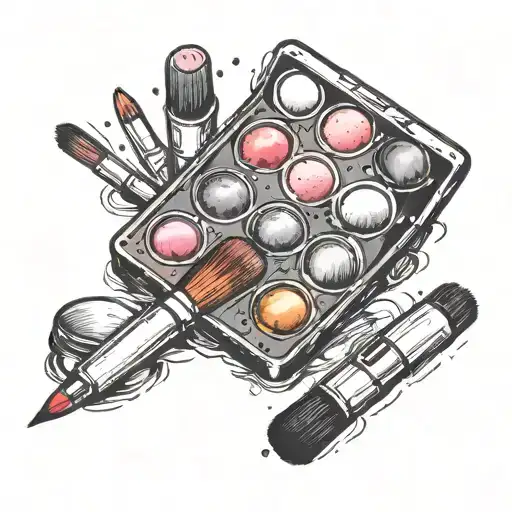A tattoo design of a colorful makeup palette with brushes and lipstick, representing a love for makeup and beauty products tattoo design idea
