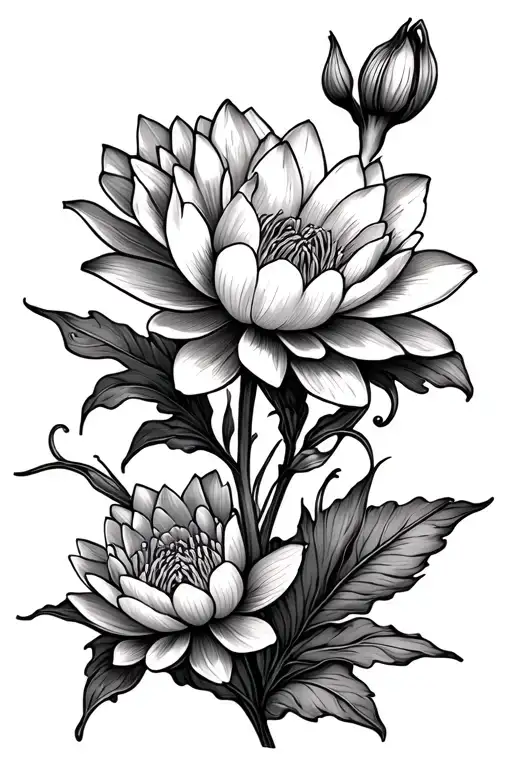 carnation, water lily, iris flowers, vines,  tattoo design idea