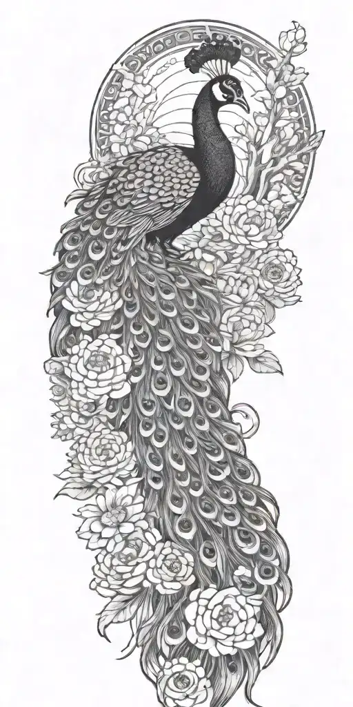 male peacock and chrysanthemum flowers japanese style around the arm line and shade work tattoo design idea