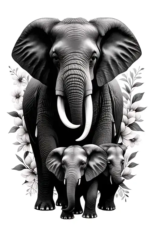 elephant mom and 2 baby elephant with flowers tattoo design idea
