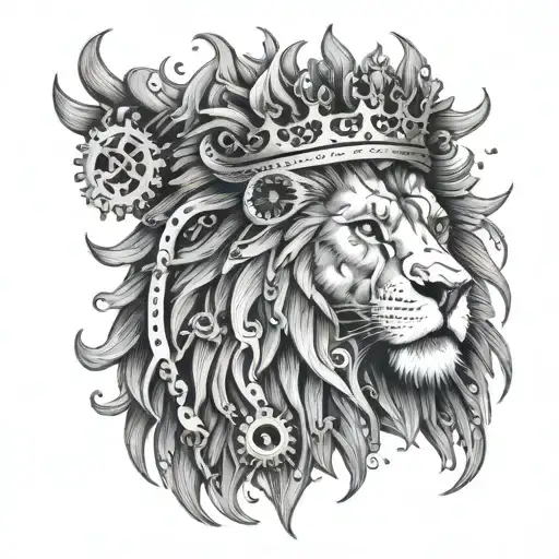 A lion wearing a crown of gears, symbolizing the engineer's strength and intelligence tattoo design idea