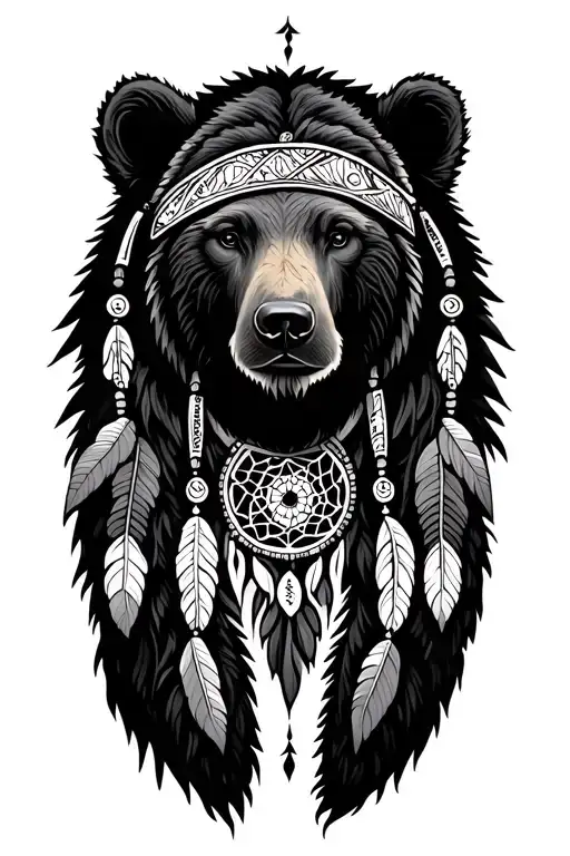 Native American tribal, bear, dreams catcher very detailed tattoo design idea