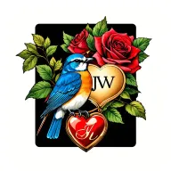 red rose, blue bird sitting, gold heart charm with initial Jw tattoo design idea