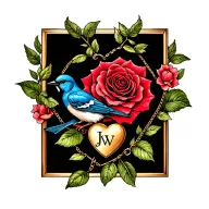 red rose, blue bird sitting, gold heart charm with initial Jw tattoo design idea