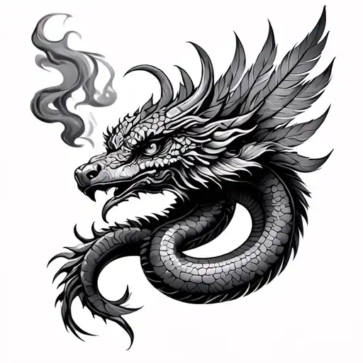 quetzalcoatl feathered serpent smoke behind it tattoo design idea
