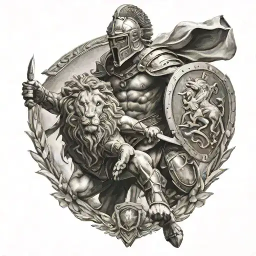 gladiator with a shield and helmet over a lion roaring tattoo design idea