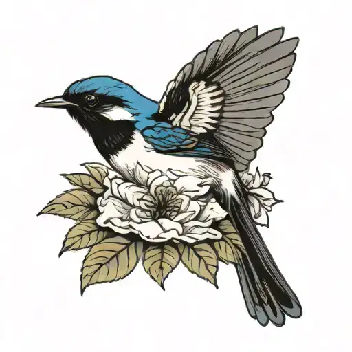 willie-wagtail bird in blackscale holding a singular zelda flower with some blue highlights.  tattoo design idea