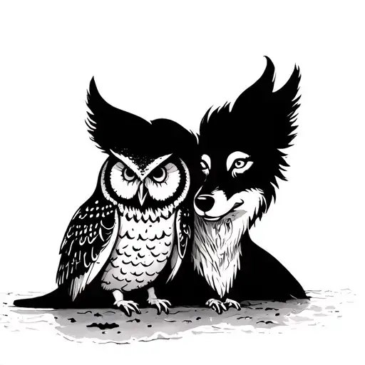 owl sitting with wolf on beach at night  tattoo design idea