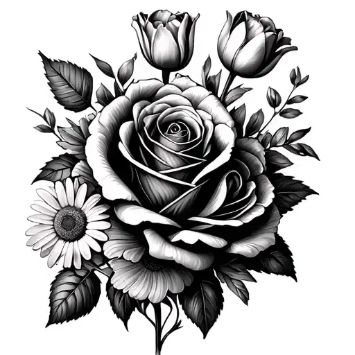 Roses, tulips, daisies, coneflowers, hydrangeas tattoo design idea