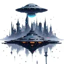 A futuristic cityscape on a distant planet with a UFO hovering above tattoo design idea