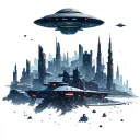 A futuristic cityscape on a distant planet with a UFO hovering above tattoo design idea