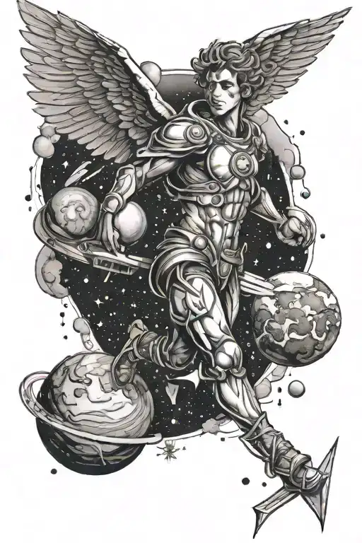 young Icarus flying in space with planets and stars tattoo design idea