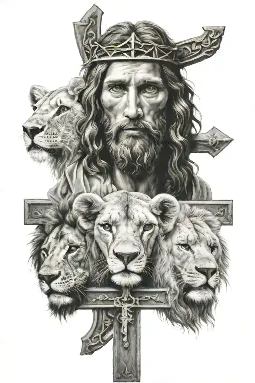 Jesus and lion looking away from each other a lamb 3 crosses at the bottom tattoo design idea