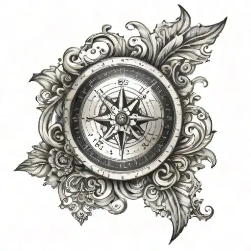 A black and grey compass intertwined with delicate filigree patterns tattoo design idea
