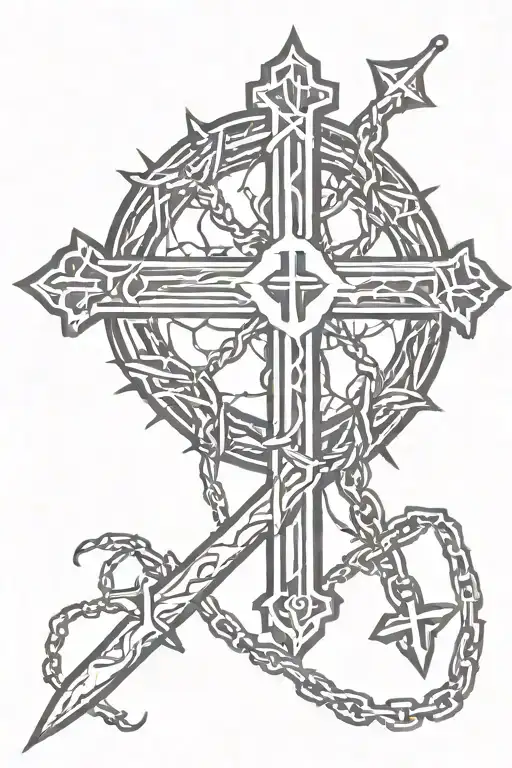 Crown of thorns around elbow with a rosary hanging down with a gothic cross tattoo design idea