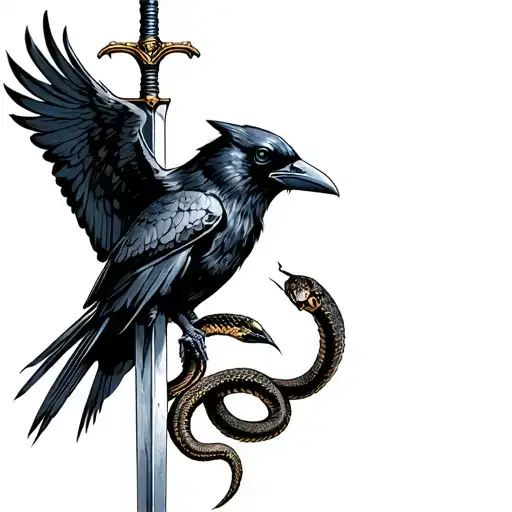 a raven above a rattlenake and a sword (drawn such that they compliment the muscles of a shoulder, bicep, and tricep) tattoo design idea