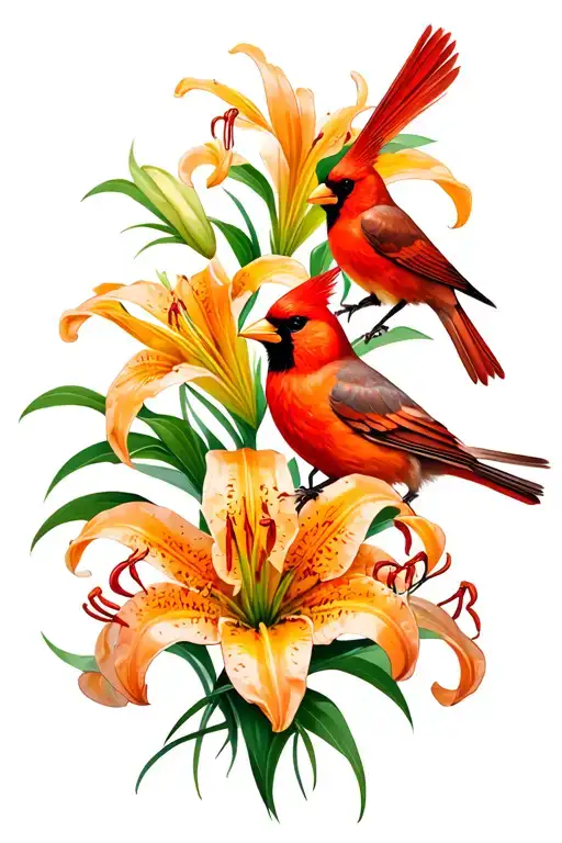 tiger lilies and red cardinals tattoo design idea