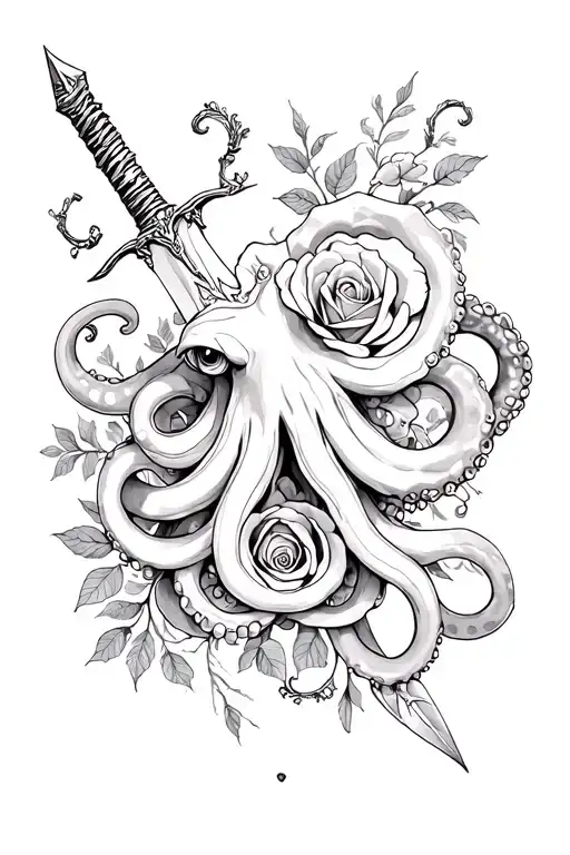 octopus tentacle and dagger and roses tattoo design idea