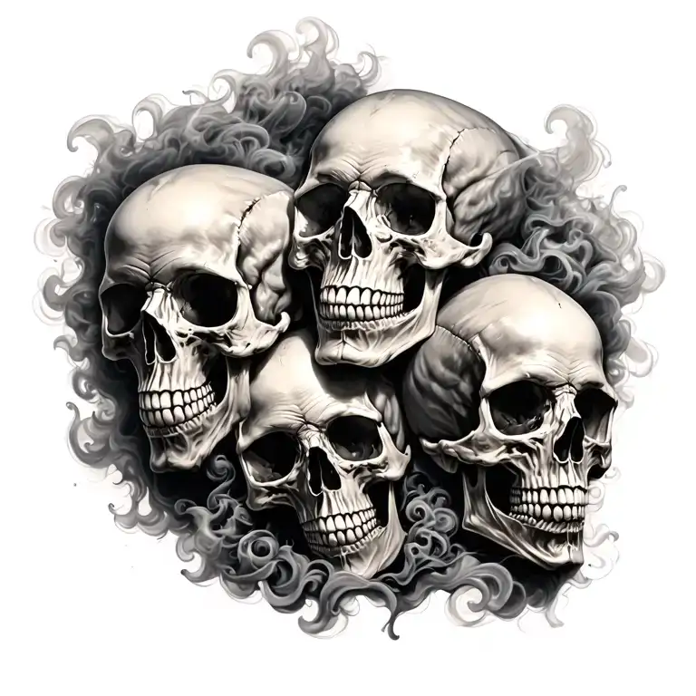 cover up back Black and grey realistic full-back tattoo with 5 skulls (one large center) dense smoke  tattoo design idea