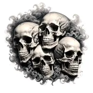 cover up back Black and grey realistic full-back tattoo with 5 skulls (one large center) dense smoke  tattoo design idea