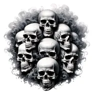 cover up back Black and grey realistic full-back tattoo with 5 skulls (one large center) dense smoke  tattoo design idea