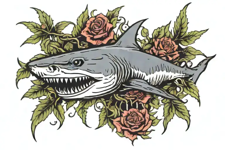 Shark skeleton emerging from thorny vines tattoo design idea