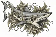 Shark skeleton emerging from thorny vines tattoo design idea