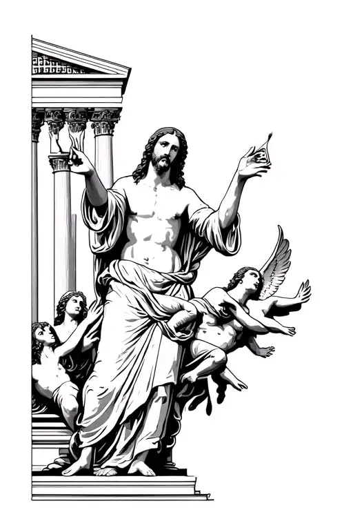 Jesus with Mary holding him up and Greek buildings on top and around Jesus and Mary, I want angels and underneath demons tattoo design idea