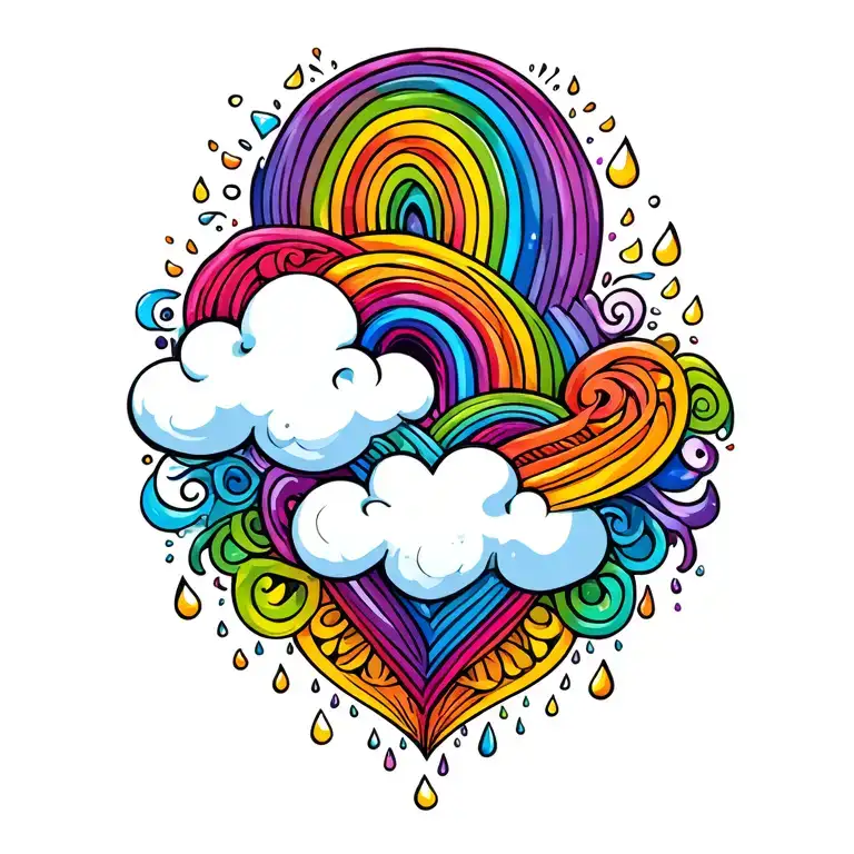 rainbow bold colors intricate lace detail in each color, a fluffy white cloud artistic swirling ends in heart raindrops tattoo design idea