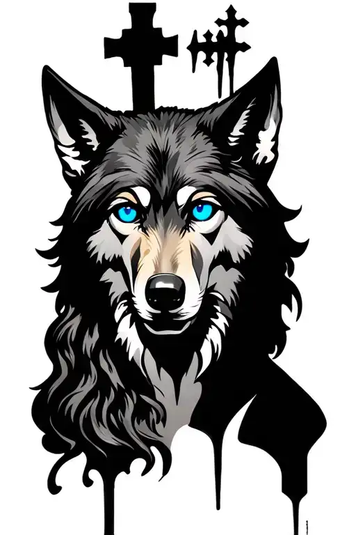 Jesus Cross and Wolf blue eye tattoo design idea