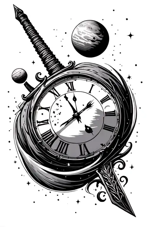 black start space, planets, time clock, sword tattoo design idea