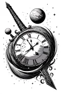 black start space, planets, time clock, sword tattoo design idea