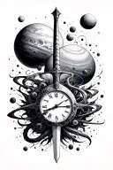 black start space, planets, time clock, sword tattoo design idea