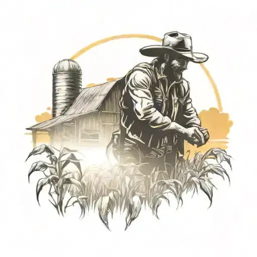 old barn sunset scene  corn stalk framing scene cowboy silhouette tattoo design idea