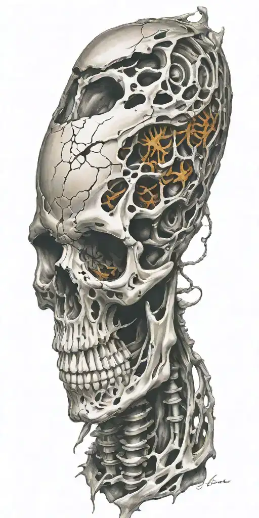bio - mechanical iron bones, skin tears, colored tattoo design idea
