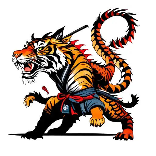 Brazilian jiu-jitsu themed dragon versus tiger with a samurai suit in the background tattoo design idea