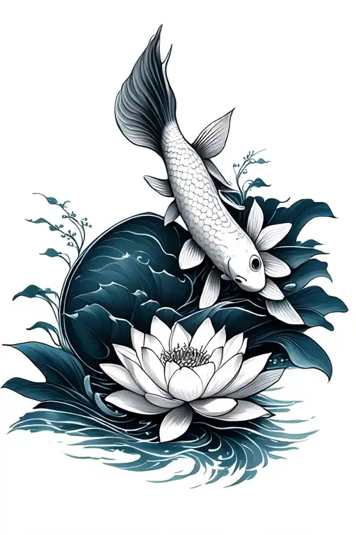 koi fish with lotus flowers and waves tattoo design idea