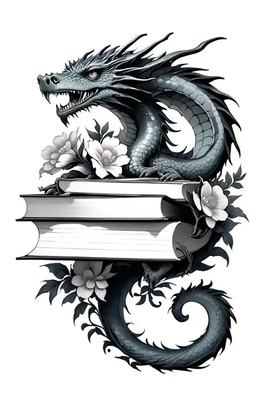 fantasy books with dragons and flowers tattoo design idea