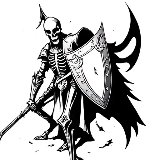 Skeleton Knight with helmet and a halberd and shield tattoo design idea