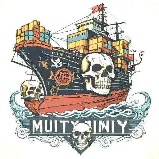 container ship with stacks of containers with a skull and anchor below and with text below that says mutiny tattoo design idea