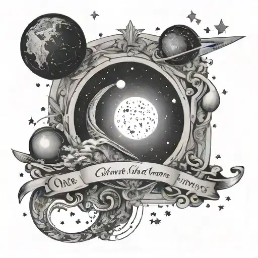 Arch of words saying "One with the universe" surrounded by stars and small planets with a name and birth and death date tattoo design idea