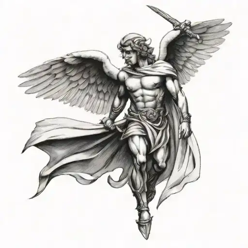 greek god with wings and sword tattoo design idea