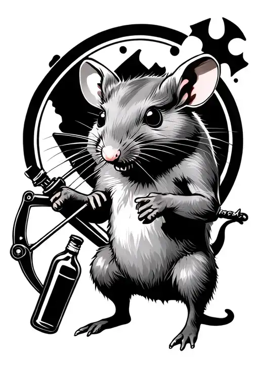 A rat on two legs with a crossbow and a bottle of poison gas. tattoo design idea