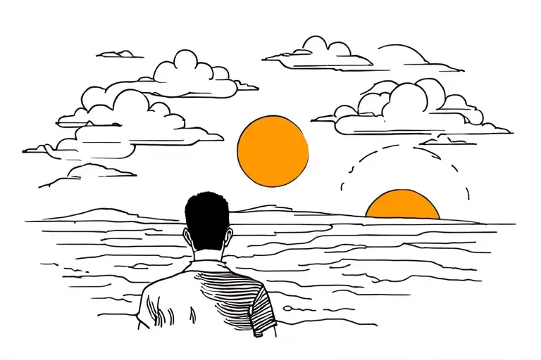clouds and sun rising with a man looking back tattoo design idea