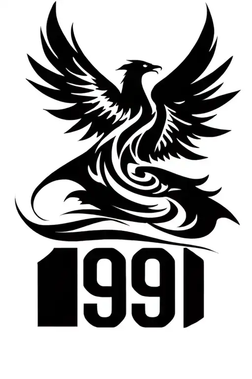 1999 written vertically with a phoenix rising above it tattoo design idea