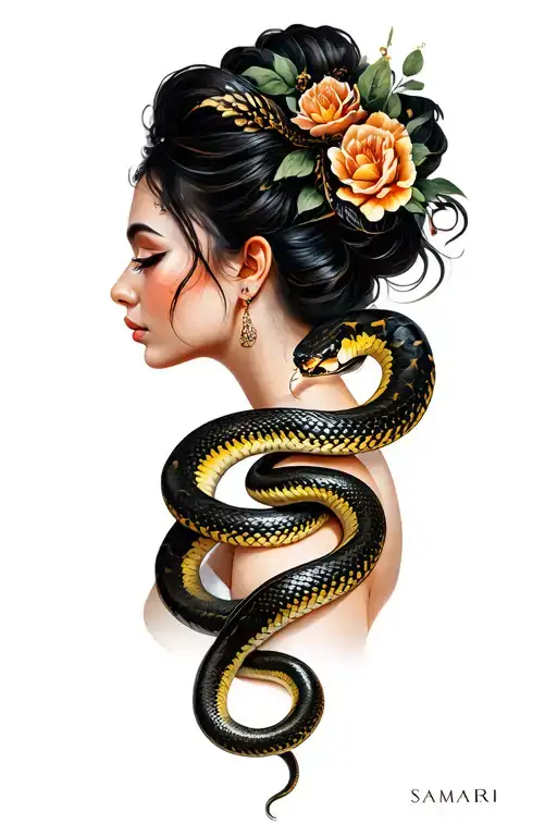 samari woman with snake wrapped around tattoo design idea