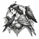 Morrigan with crows perched tattoo design idea