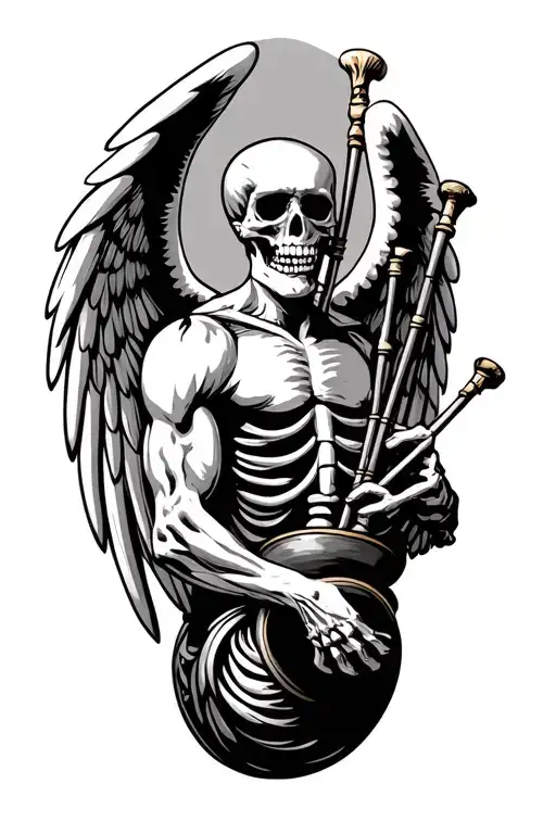 winged muscular skeleton playing bagpipes tattoo design idea