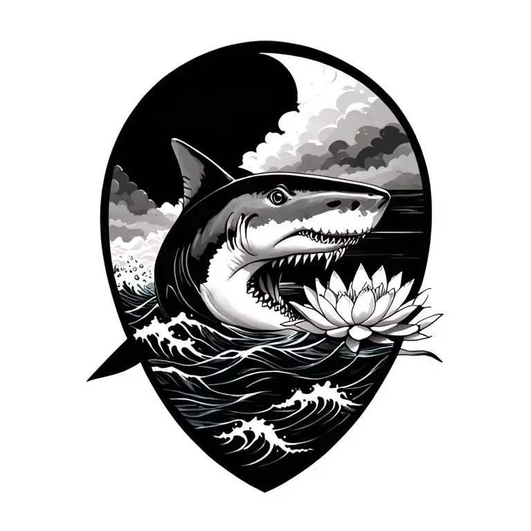 shark, ocean waves and geo lotus with Mandela tattoo design idea
